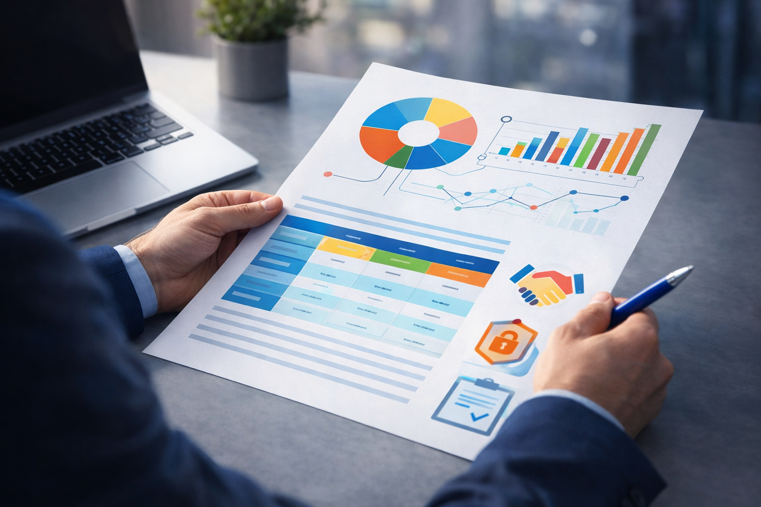 Professionista che analizza una proposta commerciale con grafici colorati su laptop.