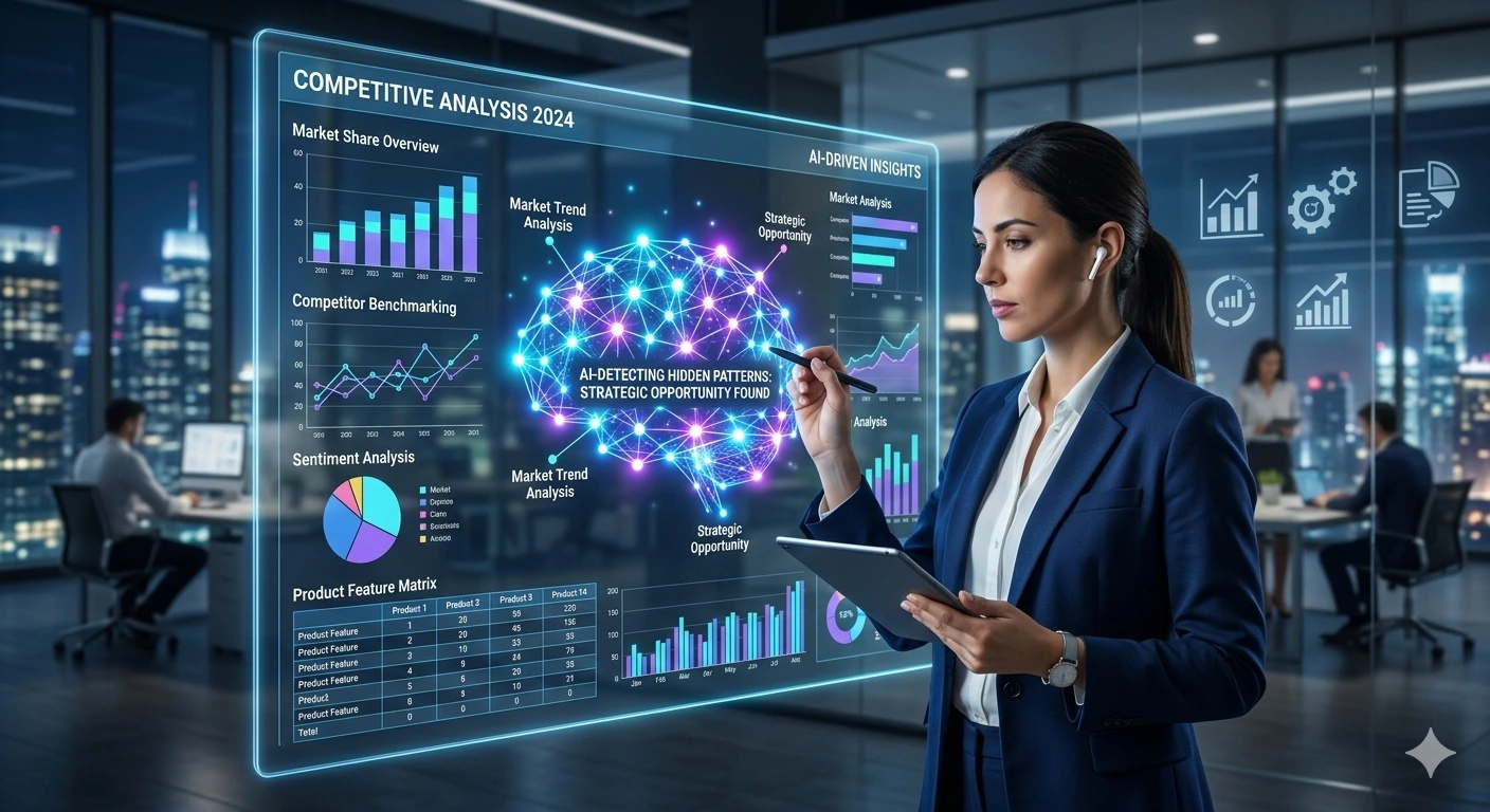 Professionista in giacca blu analizza dati di competitive intelligence su un grande schermo trasparente con grafici, rete neurale AI e visualizzazioni dati in tempo reale; sfondo ufficio moderno con skyline notturno.