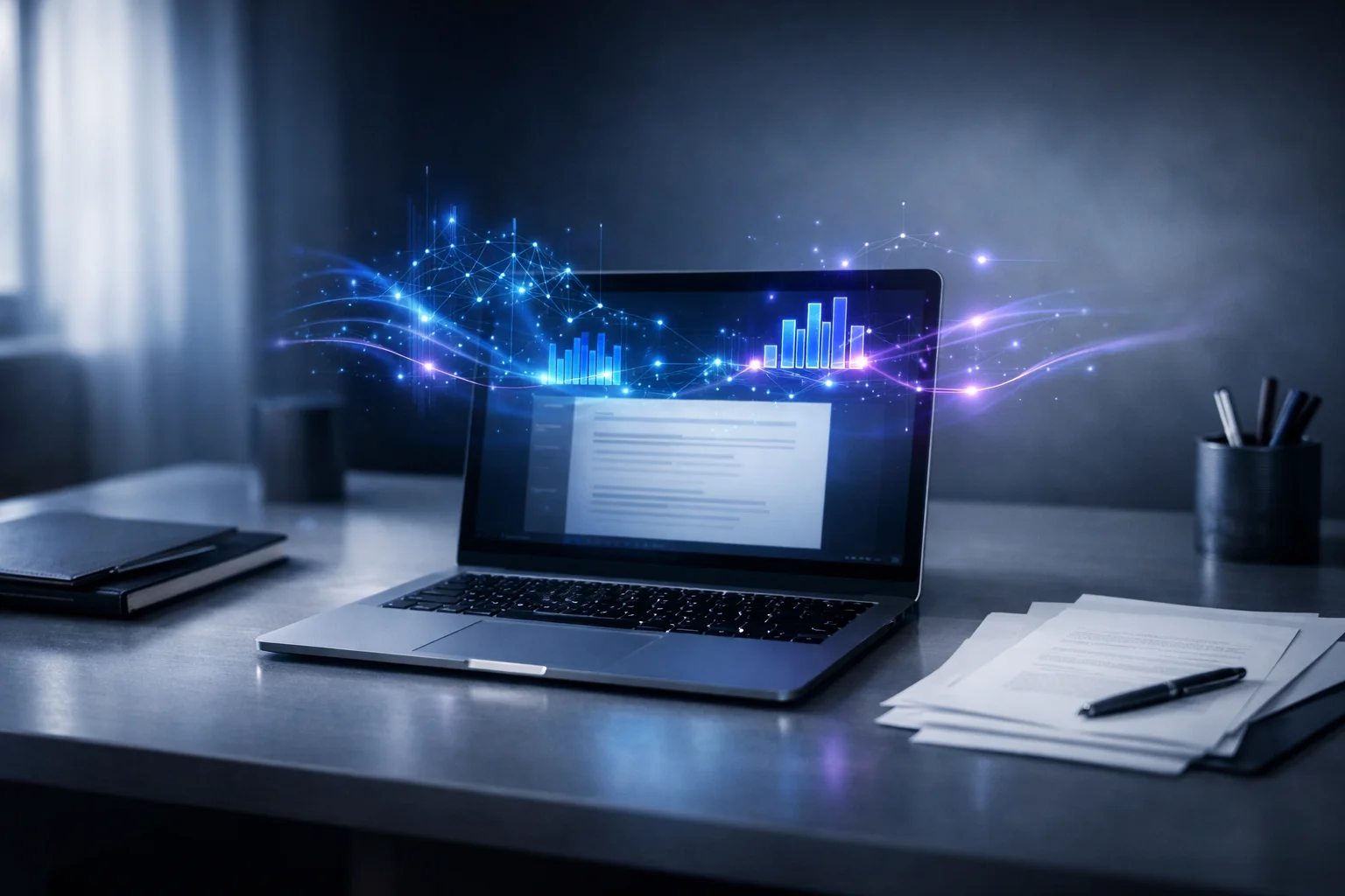 Laptop su scrivania minimal con ologrammi digitali e grafici 3D, ambiente high-tech.