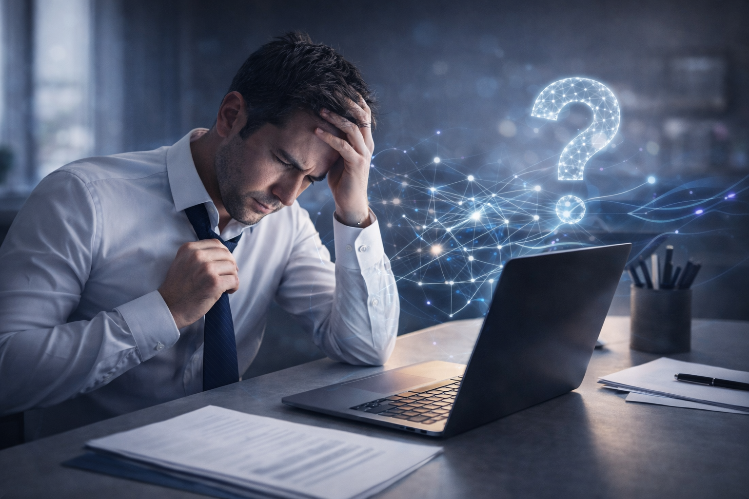 Professionista confuso davanti al laptop con rete neurale, difficoltà nell'uso dell'intelligenza artificiale.