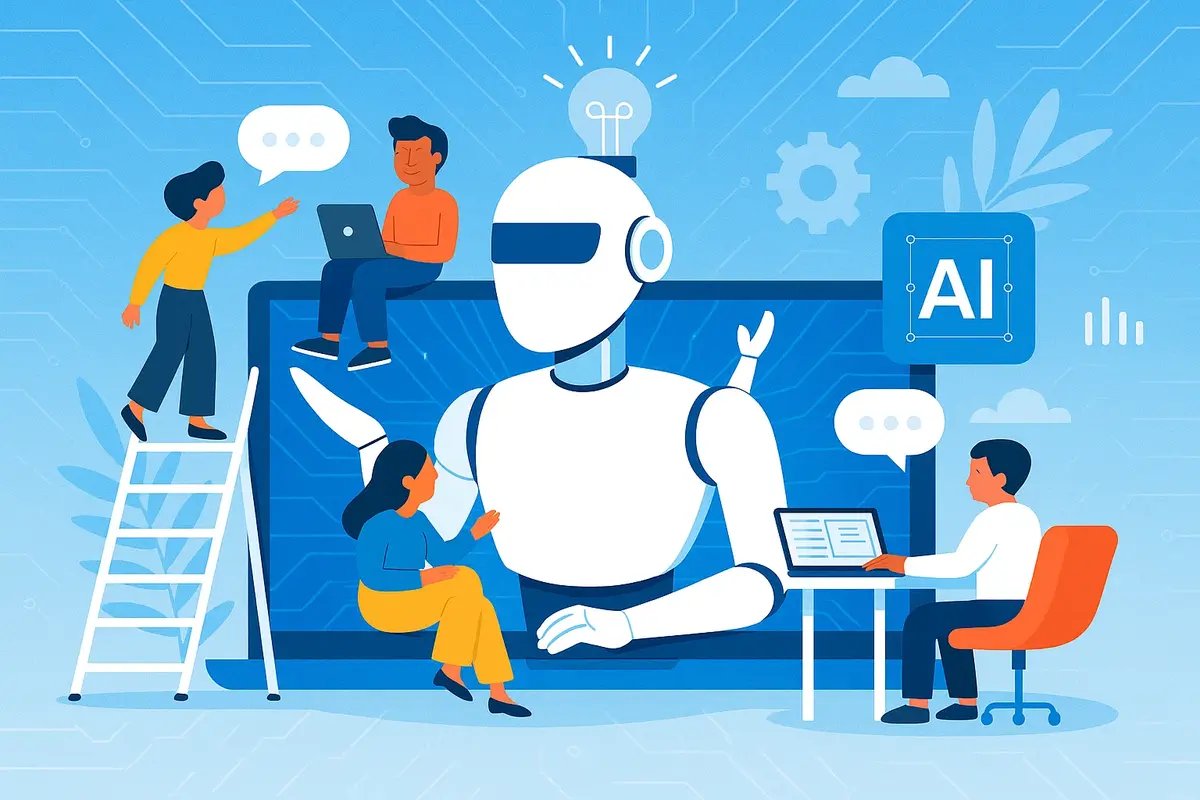 Persone e robot IA che collaborano davanti a un grande schermo